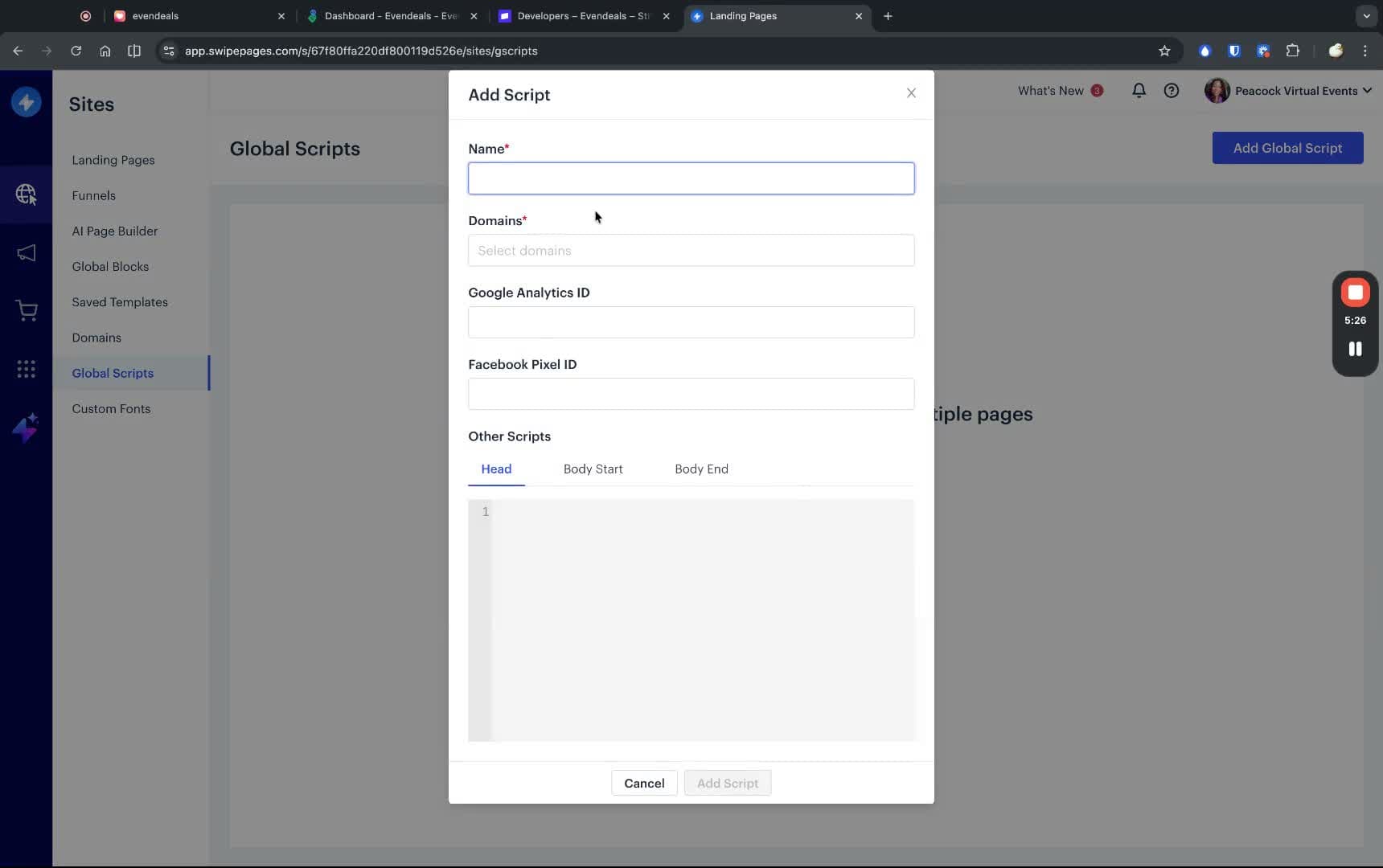 Swipe Pages Global Scripts configuration