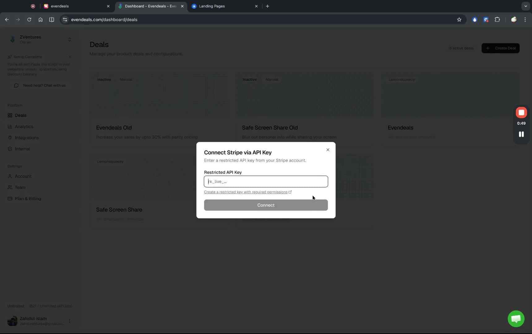 Evendeals create deal dialog - Connect Stripe via API Key