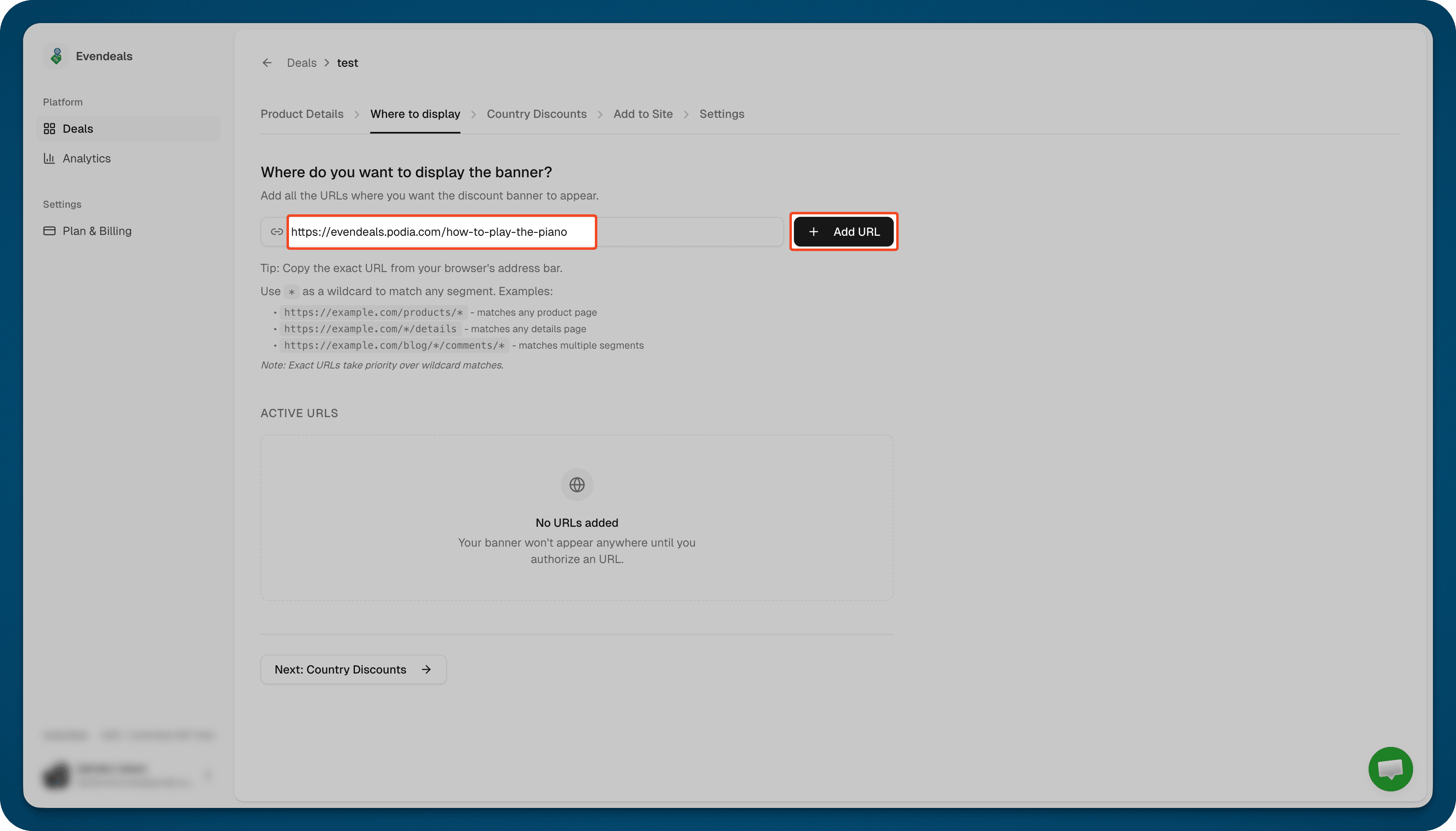Evendeals URL configuration - Where to display