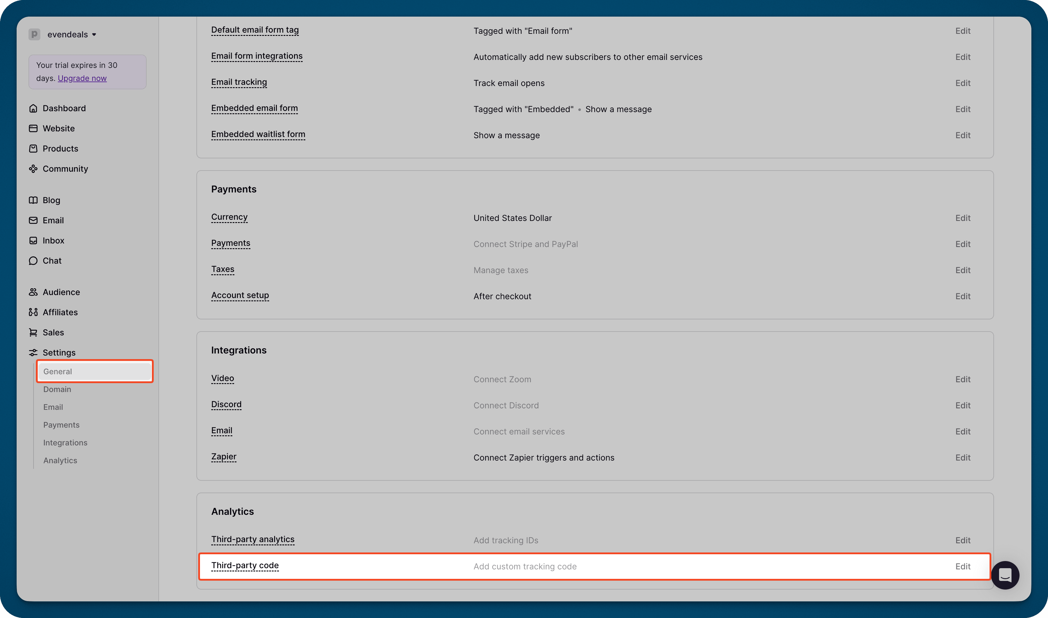 Podia settings - Edit Third-Party code