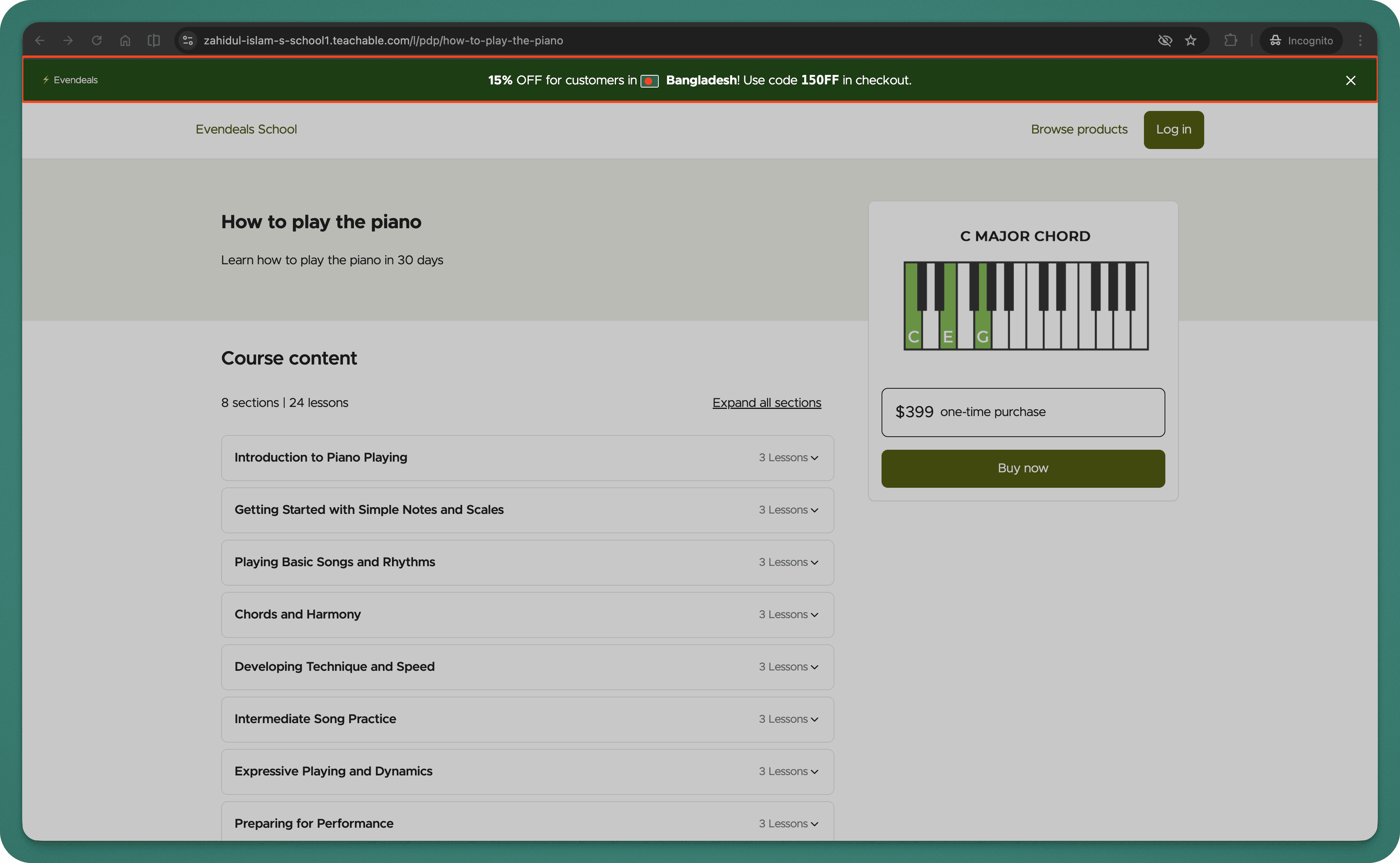 Parity pricing banner showing discount for international visitors