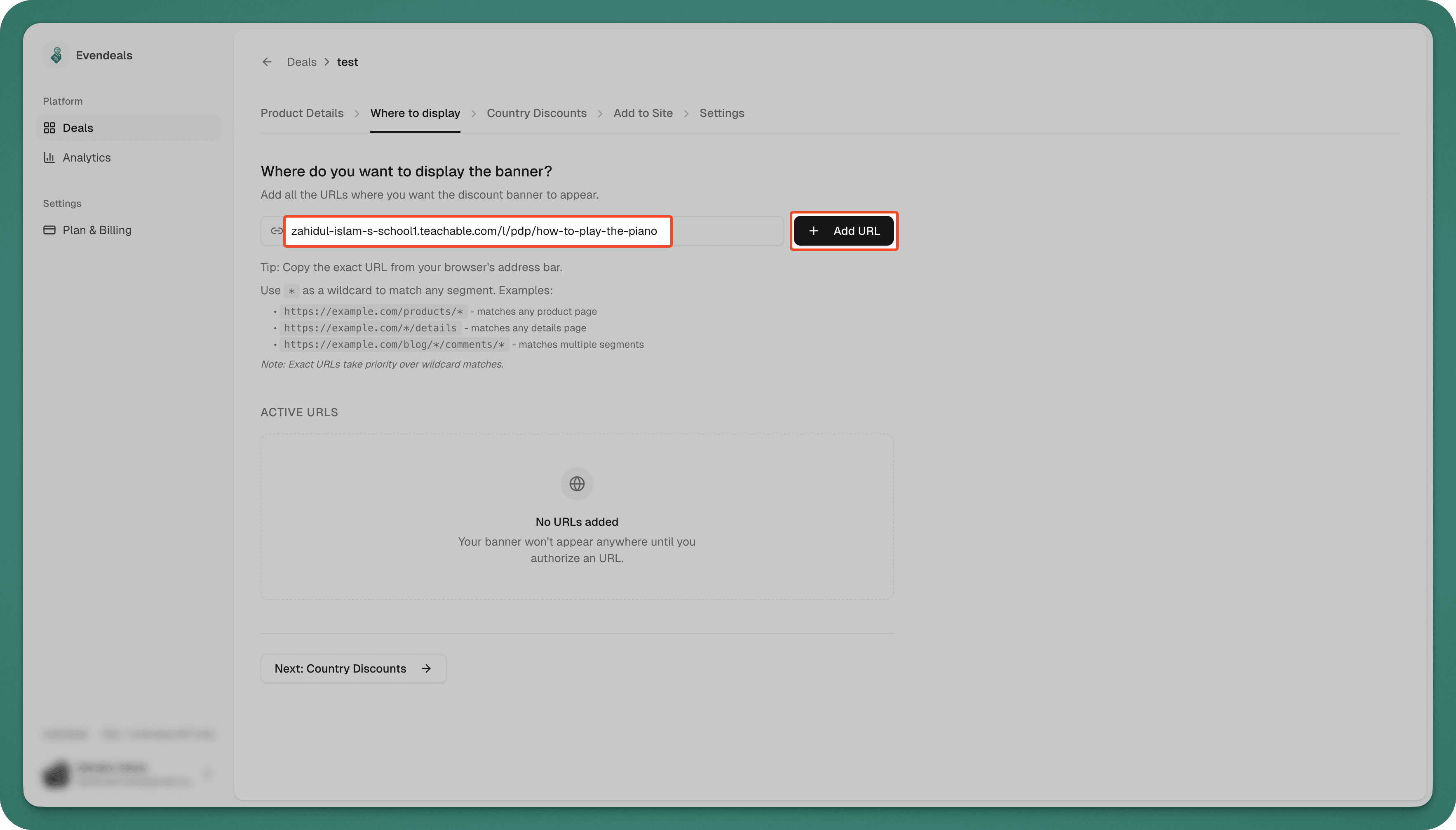 Evendeals URL configuration screen