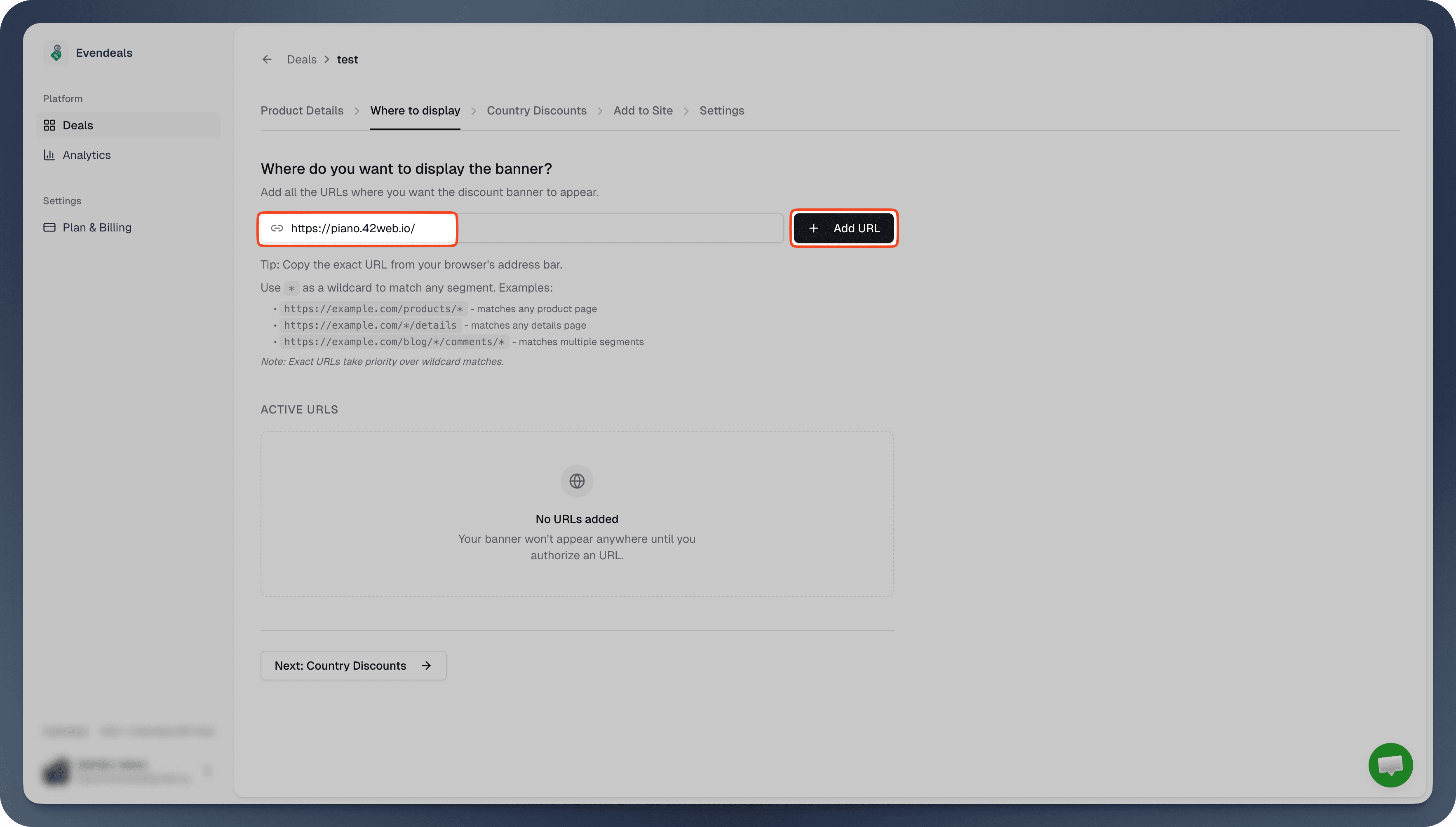 Evendeals Where to display screen with a WordPress URL