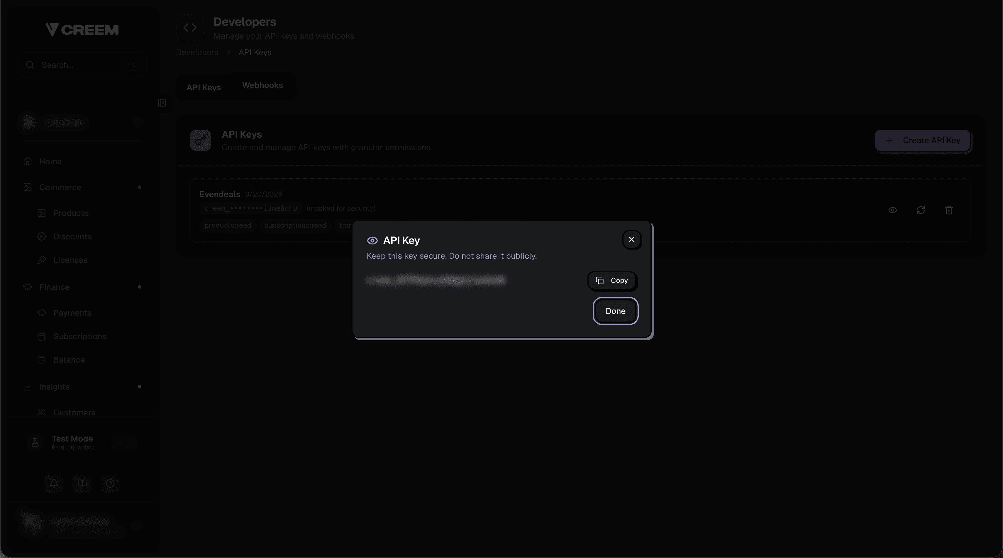Copy your Creem API key