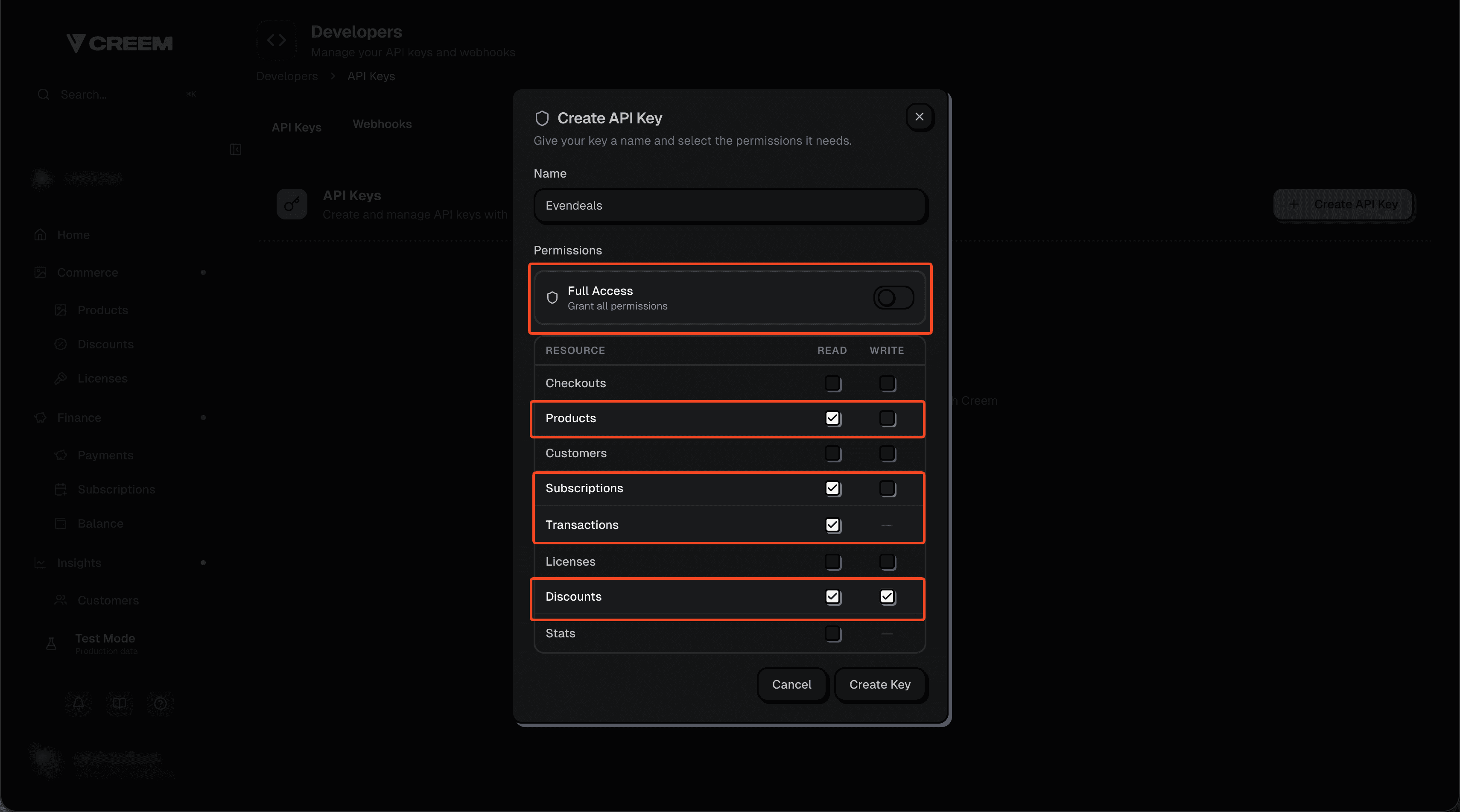 Creem API key permissions