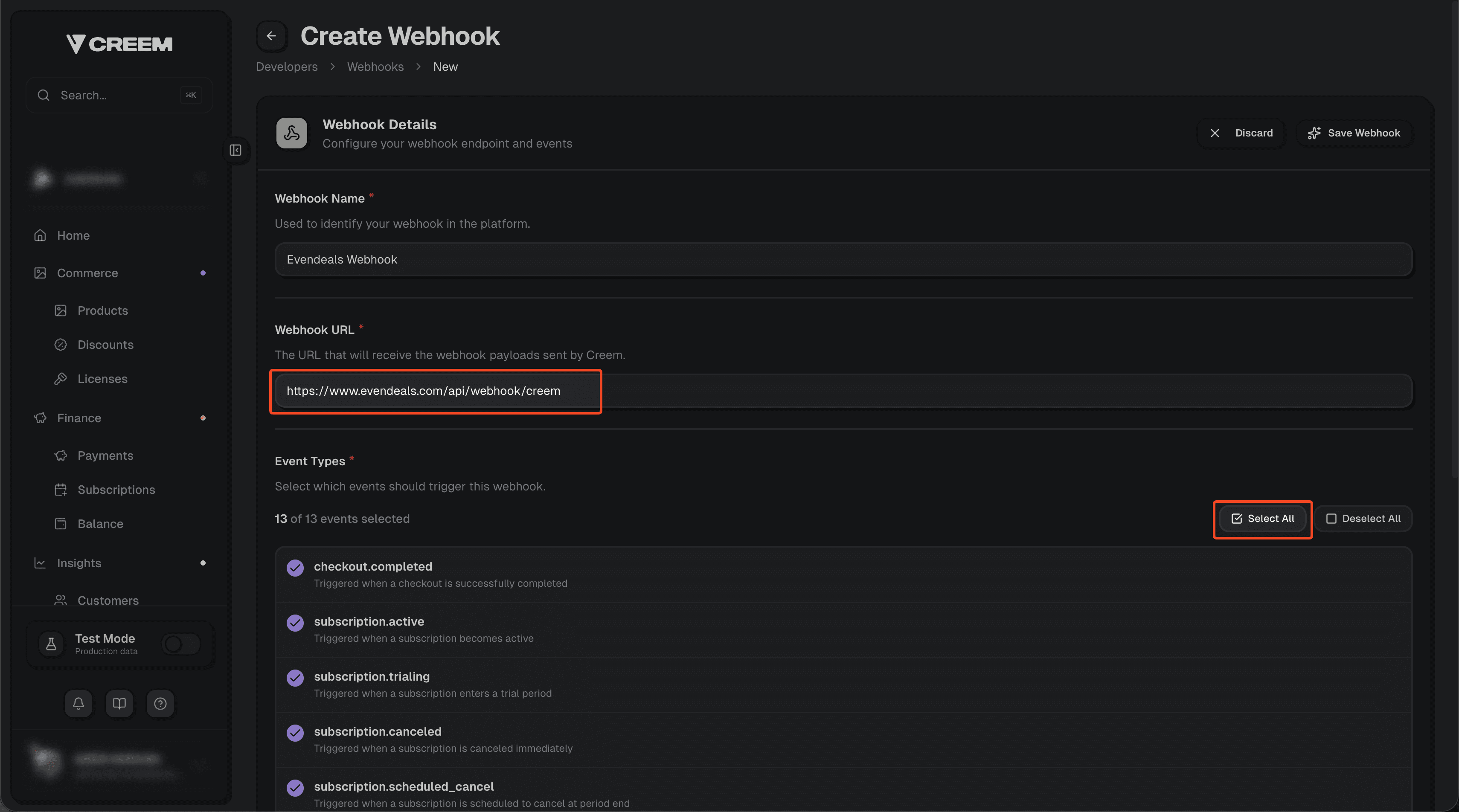 Create webhook in Creem