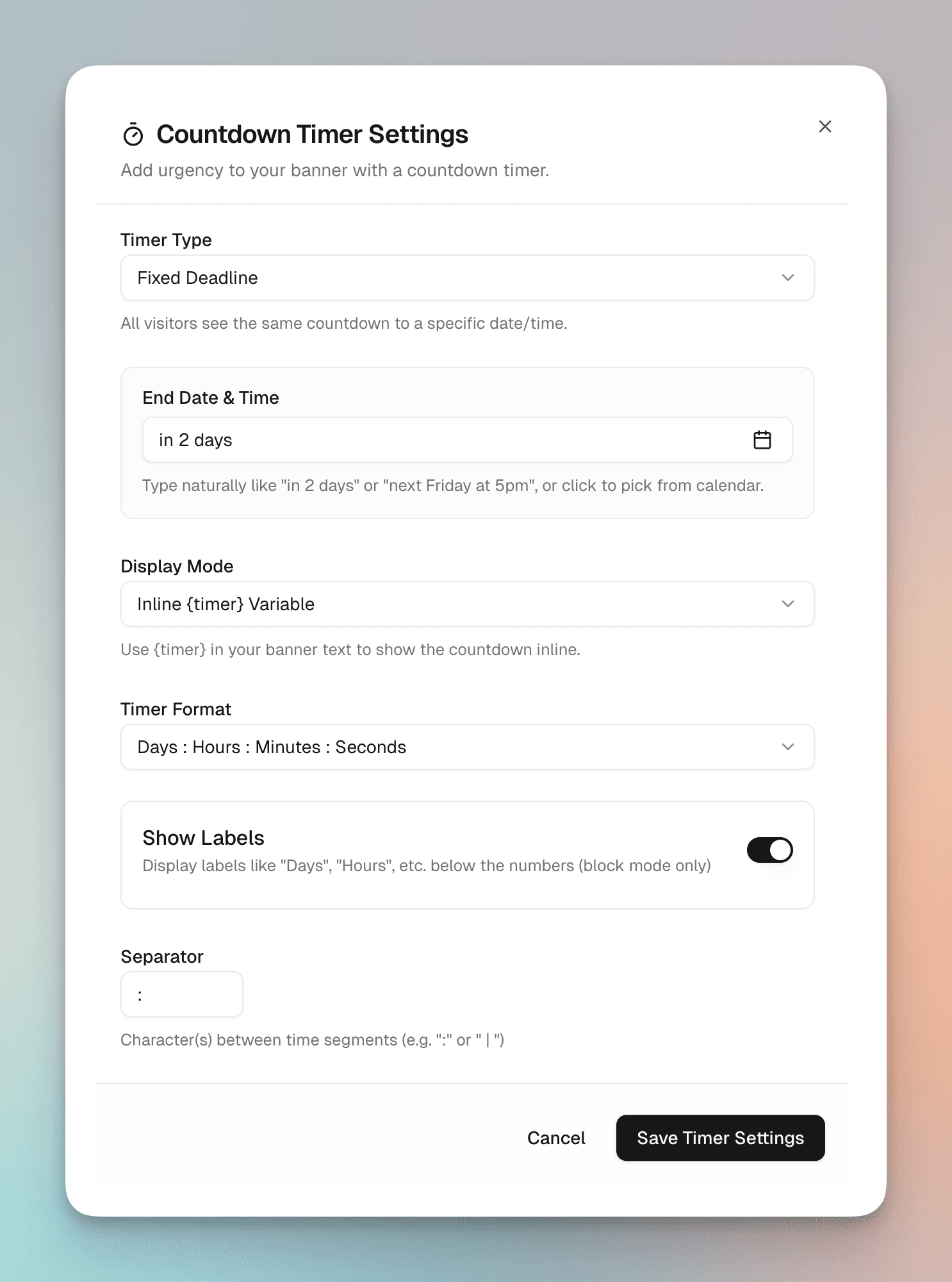 Evendeals countdown timer settings: fixed deadline, end date, inline timer, and format